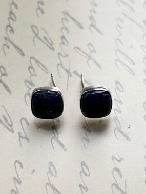 Sterling Silver Navy Blue Lapis Lazuli Sqaure Cabochon Stud Earrings
